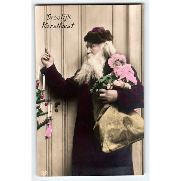 Santa Claus Holding Toy Doll Knocks On Door Christmas Postcard Old World Europe - Picture 1 of 2